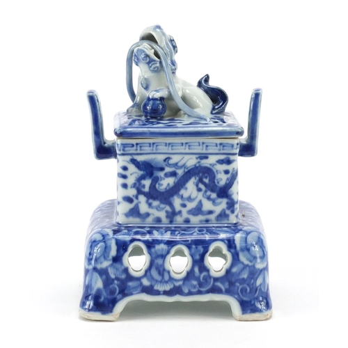 2112 - Japanese blue and white porcelain koro with cover and twin handles, hand painted with dragons amongs... 
