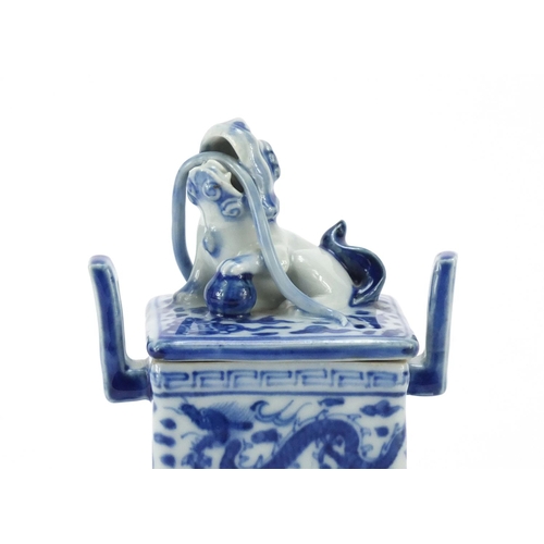 2112 - Japanese blue and white porcelain koro with cover and twin handles, hand painted with dragons amongs... 