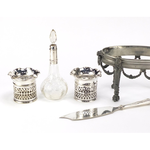 2175 - Metalware including a silver mounted cut glass bottle, WMF server and a pair of silver plated bottle... 
