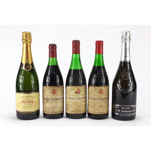 2268 - Three vintage bottles of red wine and two bottles of champagne comprising Mumm & Co, J.M. Gobillard ... 