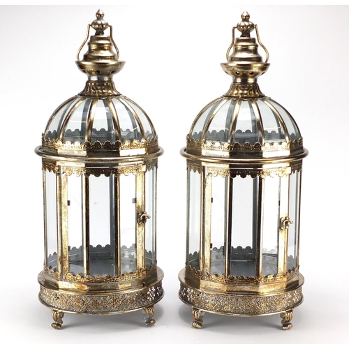 2046 - Pair of Victorian style gilt metal lanterns with glass panels, 60cm high