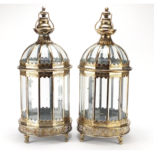 2046 - Pair of Victorian style gilt metal lanterns with glass panels, 60cm high