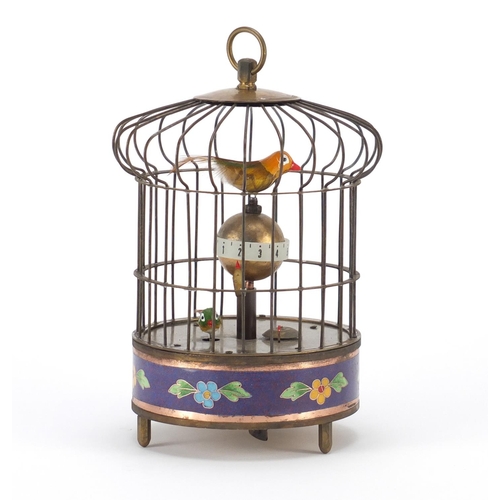 2062 - Brass and enamel clockwork automaton birdcage alarm clock, 22cm high