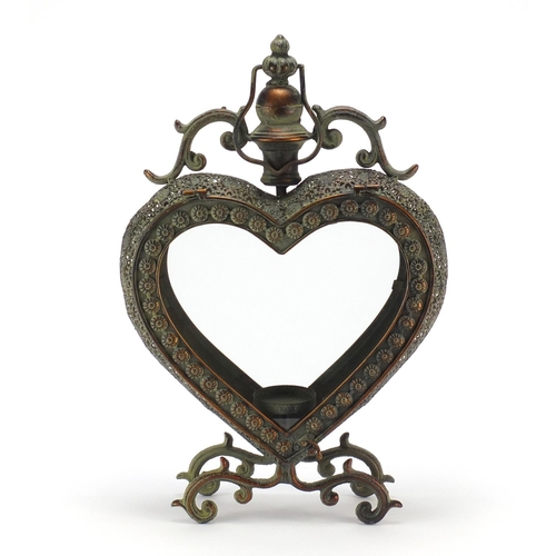 2290 - Bronzed love heart design candle holder, 46cm high