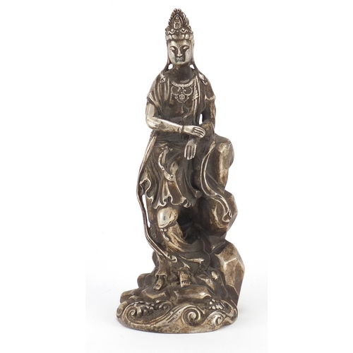 2295 - Chinese silver coloured metal figure of Guanyin, 25cm high