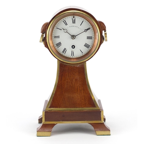 2204 - Brass mounted mahogany mantel clock, the enamelled dial inscribed Wehlen & Co, 26.5cm high