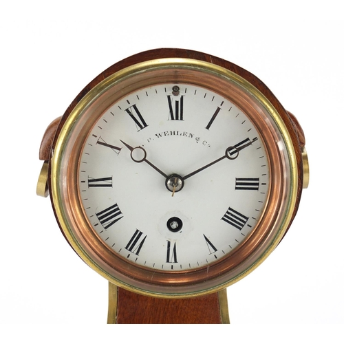 2204 - Brass mounted mahogany mantel clock, the enamelled dial inscribed Wehlen & Co, 26.5cm high