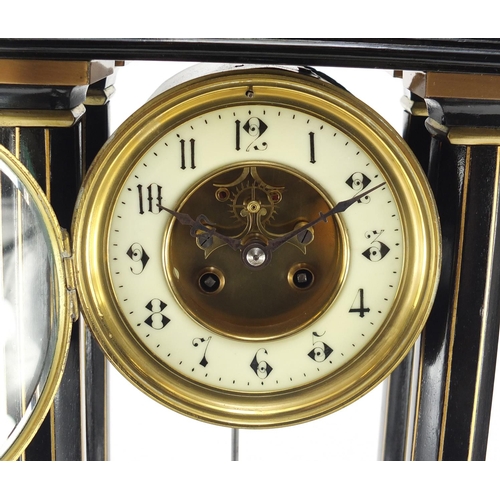 2294 - Ebonised Portico clock with brocot escapement, brass mounts, enamelled chapter ring and Arabic numer... 