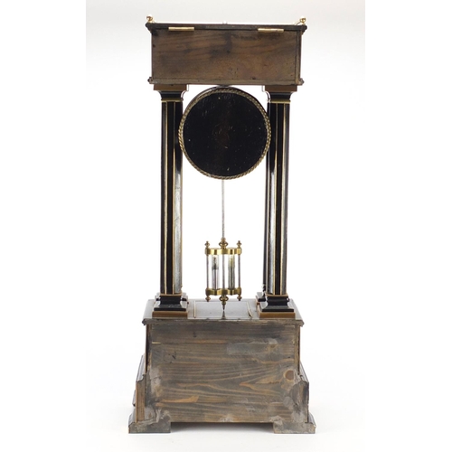 2294 - Ebonised Portico clock with brocot escapement, brass mounts, enamelled chapter ring and Arabic numer... 
