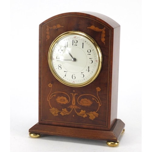 2115 - Edwardian inlaid mahogany mantel clock with Arabic numerals, 23cm high