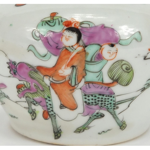 2212 - Chinese porcelain teapot hand painted in the famille rose palette with figures and a Qilin, 9.5cm hi... 