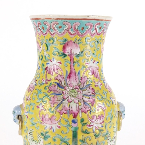 2065 - Chinese porcelain vase with ring turned handles, hand painted with flower heads amongst foliate scro... 
