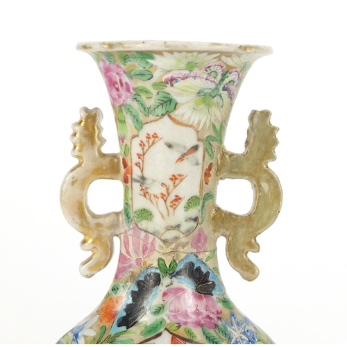2210 - Chinese Canton porcelain bowl and vase with twin handles, each hand painted in the famille rose pale... 