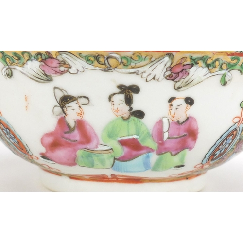 2210 - Chinese Canton porcelain bowl and vase with twin handles, each hand painted in the famille rose pale... 