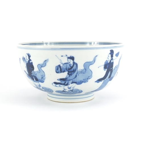 2144 - Chinese blue and white porcelain footed bowl, hand painted with eight immortals, Kangxi period, six ... 