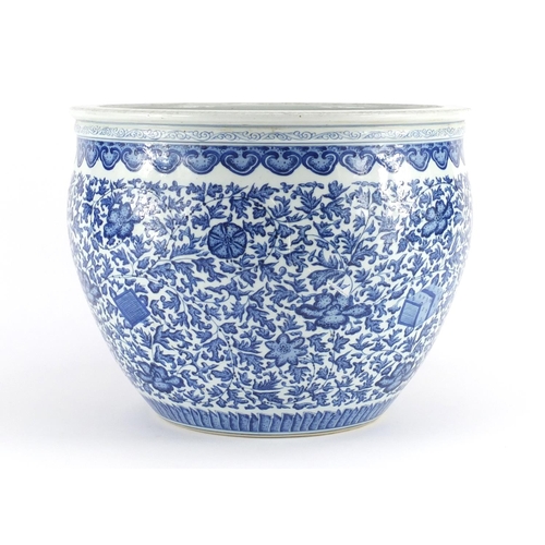 2205A - Chinese blue and white porcelain jardinière, finely hand painted with daoist emblems amongst flower ... 