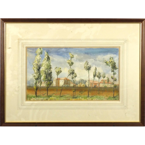 2166 - Continental landscape, watercolour, bearing a monogram MB, mounted and framed, 43.5cm x 25cm