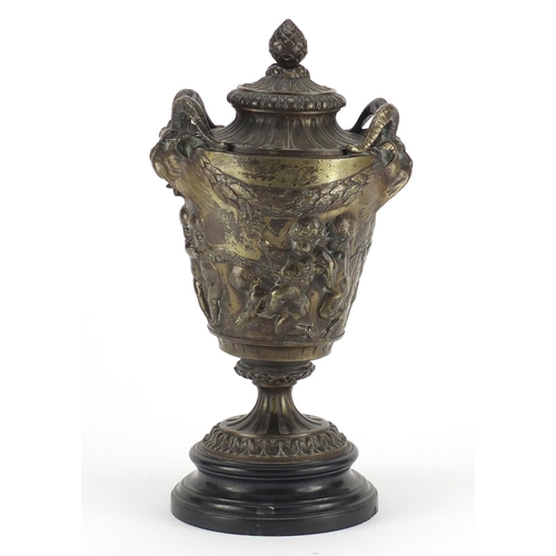 2109 - 19th century classical patinated bronze urn and cover with rams head handles, cast in relief with fr... 