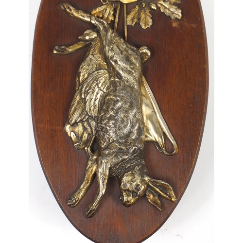 2093 - 19th century silver plated hunting scene mounted on an oval oak plaque, 56cm x 28cm