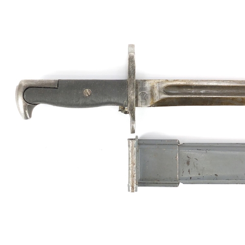 2484 - American Military interest 1943 MI bayonet with scabbard by Oneida, 40.5cm in length