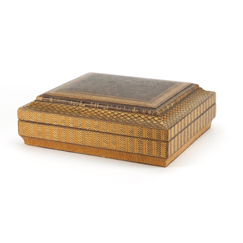 2104 - Japanese straw work box, the lift off lid with geometric designs enclosing six boxes and covers, 10c... 