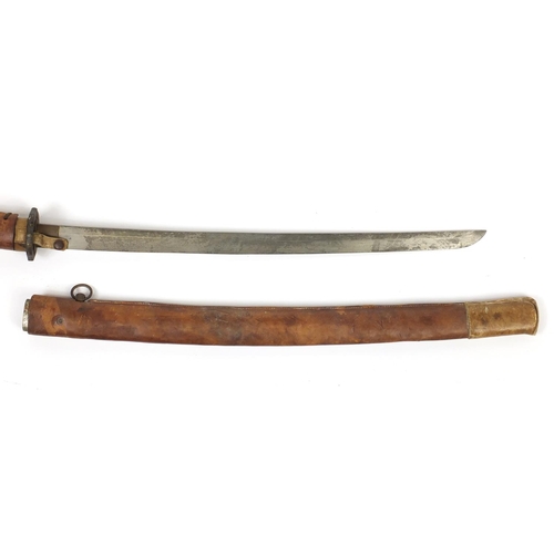 2483 - Japanese Military interest leather bound Samurai sword with steel blade and scabbard, 93cm in length