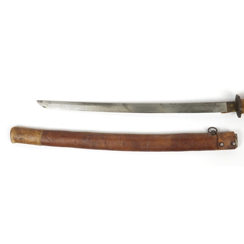 2483 - Japanese Military interest leather bound Samurai sword with steel blade and scabbard, 93cm in length