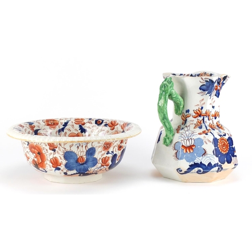 2103 - Early Victorian Masons ironstone jug and bowl decorated with flowers, the jug 24cm high