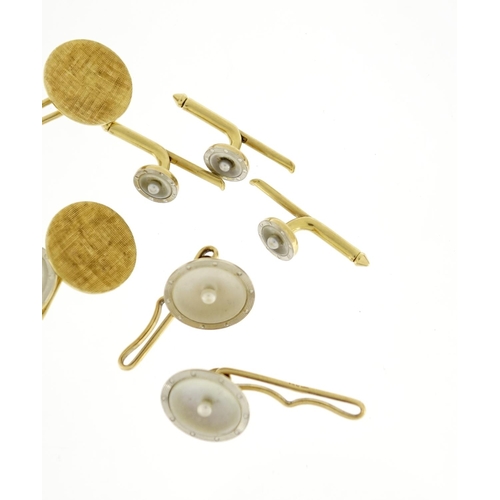 2564 - Set of 14ct gold mother of pearl and seed pearl cufflinks, studs and buttons, 16.2g