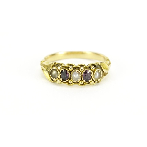 2601 - Victorian unmarked gold amethyst and seed pearl ring, size O, 3.0g