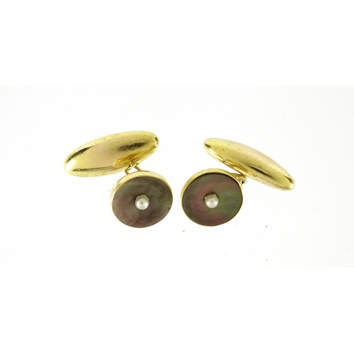 2594 - Pair of 18ct gold abalone and seed pearl cufflinks, 2.5cm in length, 6.6g