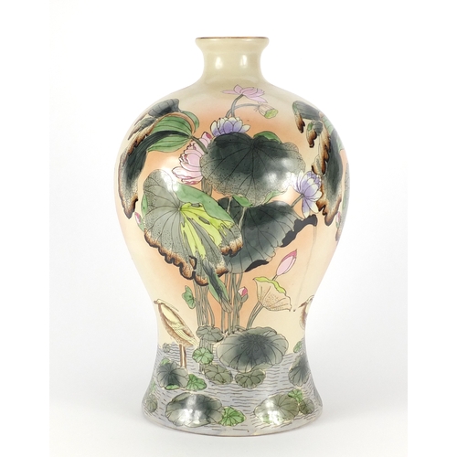 2099 - Large Chinese porcelain baluster vase, hand painted with birds and lillies, 38cm high
