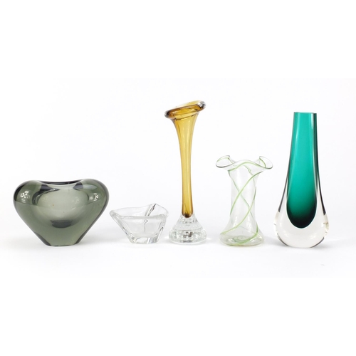 2108 - Five items of Art glass to include a smoked Holmegaard minuet glass vase art nouveau trailed vase an... 