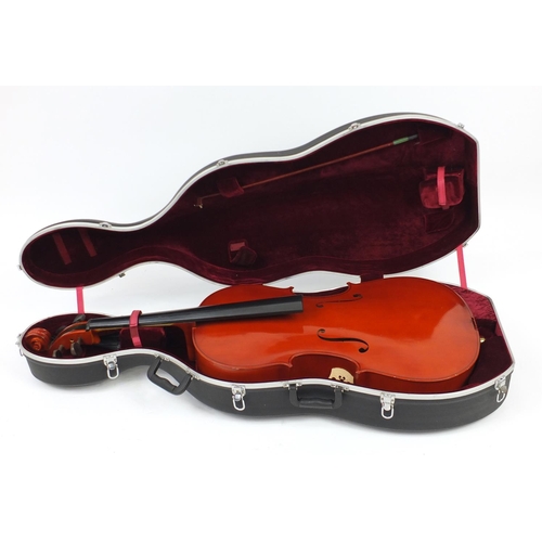 2022 - Full size cello with bow and Stagg protective travelling case, the cello back 30.5inch in length