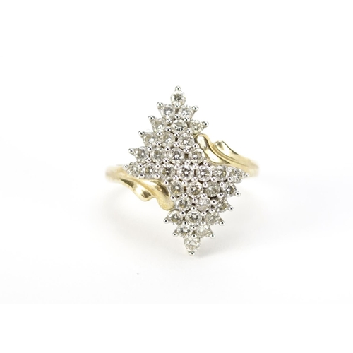 2566 - 9ct gold diamond cluster cocktail ring, size O, 5.5g