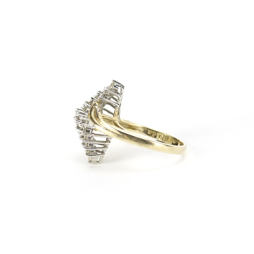 2566 - 9ct gold diamond cluster cocktail ring, size O, 5.5g