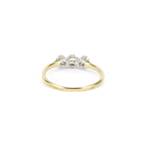 2583 - 9ct gold diamond three stone ring, marked Bravington's to the band, size R, 1.9g