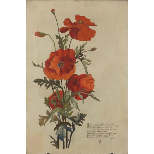 2158 - Still life poppies, Pre-Raphaelite oil on canvas, signed with monogram WB, dated 1891, unframed, 61c... 