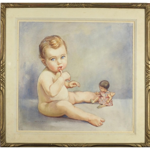 40 - Helen R Paul - Nude child with a doll, watercolour, Rowley label verso, mounted and framed, 47cm x 4... 