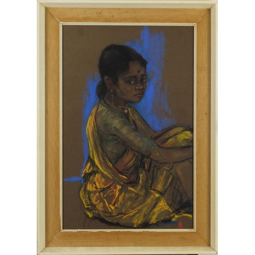 136 - Portrait of a young Hindu girl, pastel, bearing a monogram A, mounted and framed, 47cm x 30cm