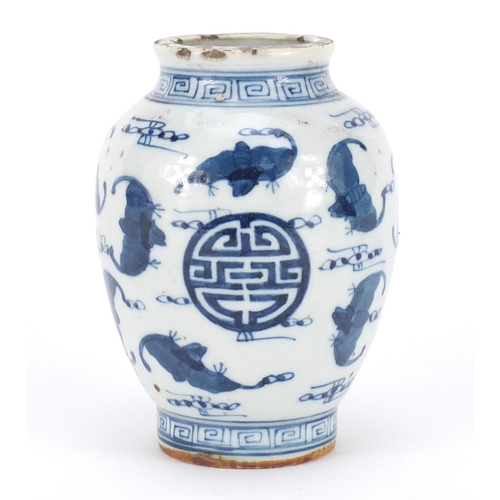 290 - Chinese blue and white porcelain vase, hand painted with bats amongst Shou characters, six figure ch... 