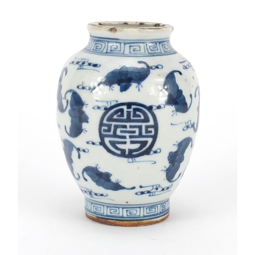 290 - Chinese blue and white porcelain vase, hand painted with bats amongst Shou characters, six figure ch... 