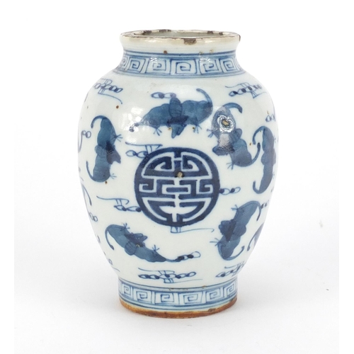 290 - Chinese blue and white porcelain vase, hand painted with bats amongst Shou characters, six figure ch... 