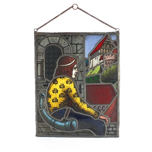 189 - Early 20th century Pre-Raphaelite style leaded stain glass panel, hand painted with a figure before ... 