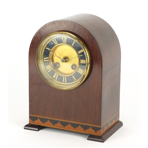 271 - Edwardian inlaid mahogany dome topped mantel clock striking on a gong with French movement, the chap... 