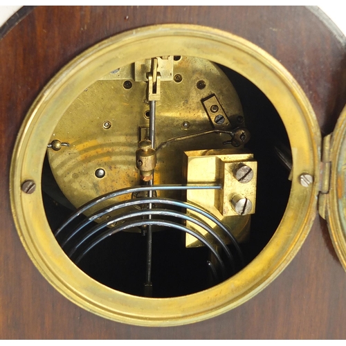 271 - Edwardian inlaid mahogany dome topped mantel clock striking on a gong with French movement, the chap... 