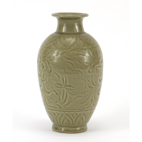 240 - Korean celadon glazed vase incised under glaze with flowers, 19cm high