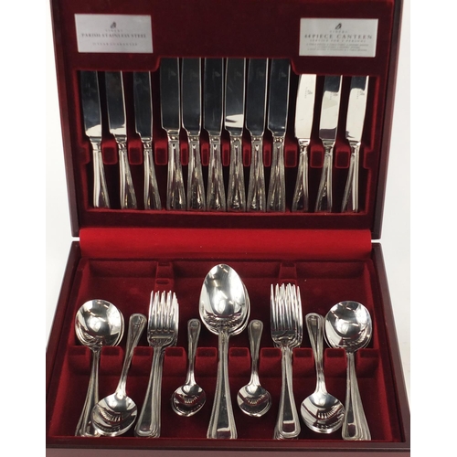 182 - Silver plated three piece tea set and a forty four piece canteen of stainless steel cutlery by Viner... 