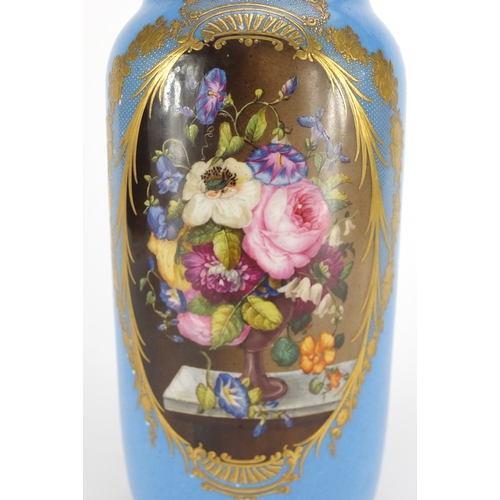 2051 - 19th century Sèvres style jewelled vase, finely hand painted with panels of fruit and flowers within... 
