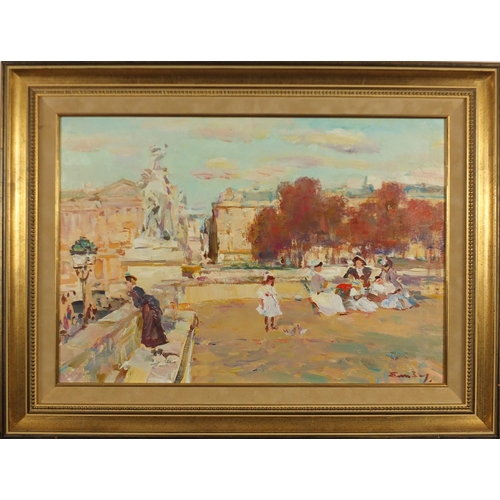2161 - Elizaros Gennady - Sunday in the park, Russian oil on canvas, stamp and inscriptions verso, mounted ... 